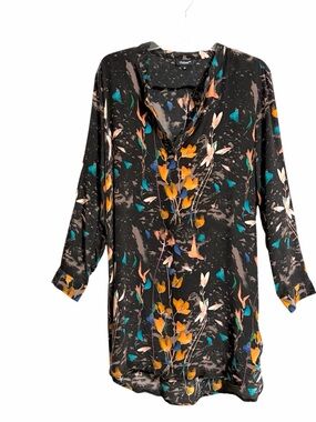 Tolani Silk Floral Tunic Top Dress Womens M Black Quiet Luxury Artsy Boho Resort
